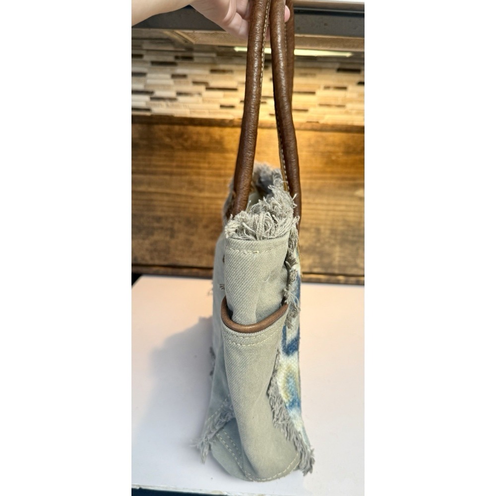 MYRA BAG Aqua Blue Canvas Floral Print Leather Handles Tote 100% cotton - Picture 5 of 16